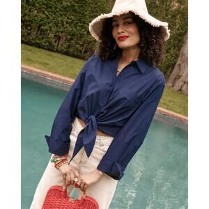 Frances Valentine navy blue front tie crop button down shirt XS
